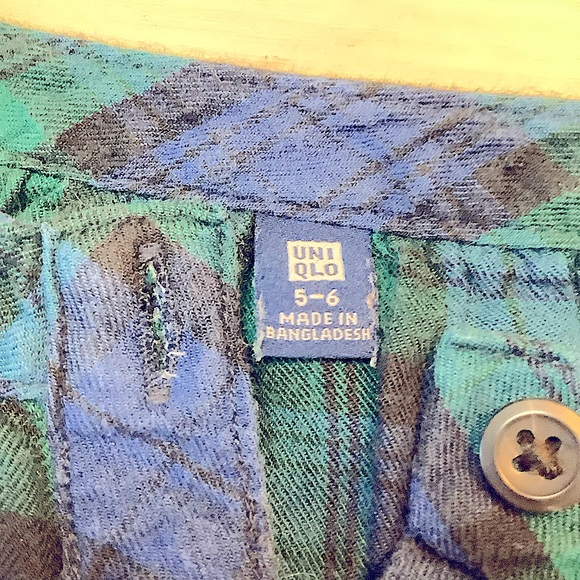 Girl Kids Uniqlo buttoned down Plaid Flannel Gingham green navy dress 5/6 - Picture 4 of 5
